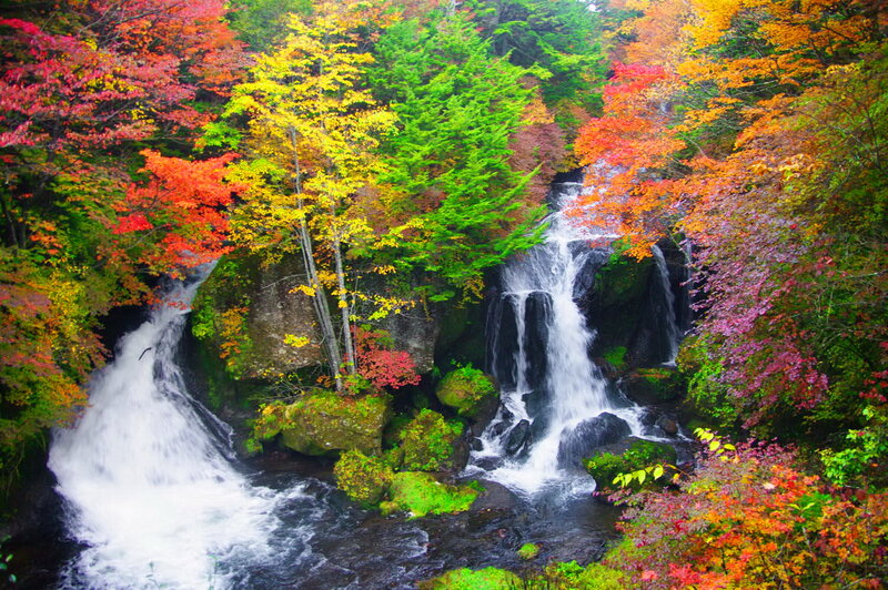 Autumn Waterfall — Red, Serene, Photograph, Trees, Rocks, River