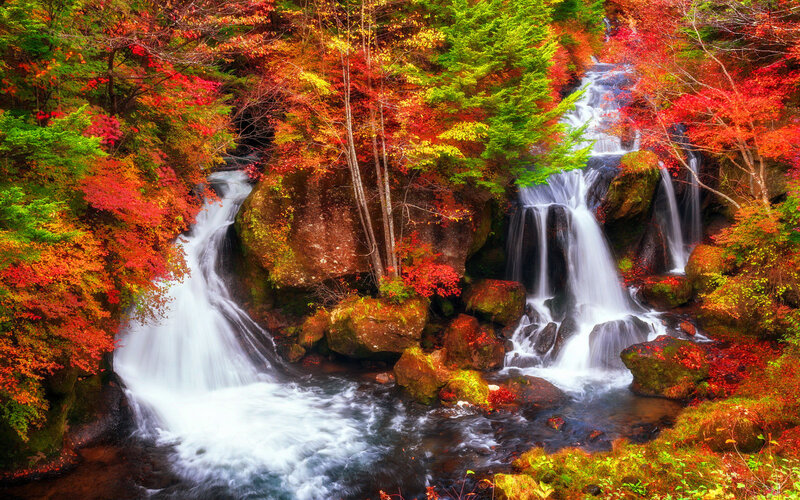 Autumn Waterfall — Red, Serene, Photograph, Trees, Rocks, Stream
