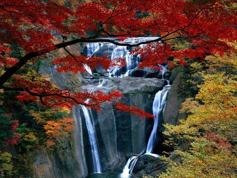 Autumn Waterfall — Red, Serene, Photograph, Trees, Rocks