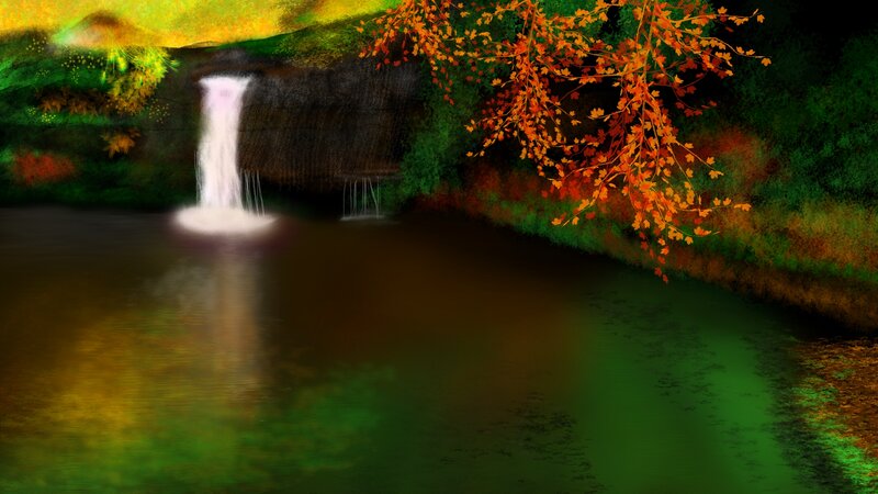 Autumn Waterfall Scene — Green