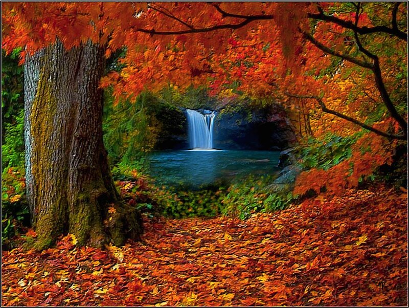 Autumn Waterfall Scene — Red, Serene, Digital Art