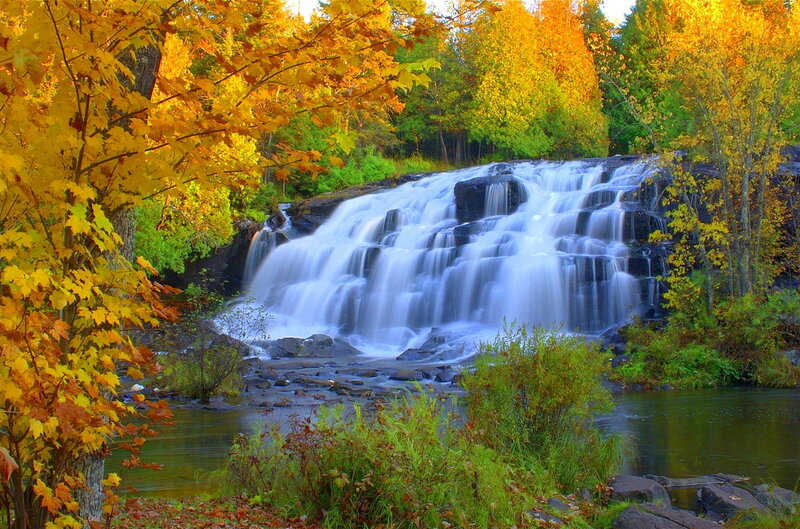 Autumn Waterfall — Yellow, Serene, Photograph, Trees, River