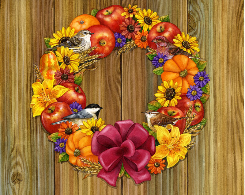 Autumn Wreath with Birds — Orange