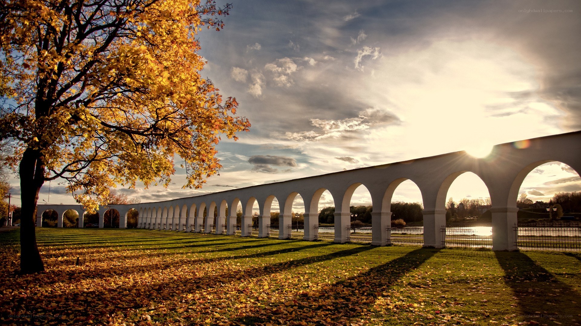 Autumnal arch bridge scene