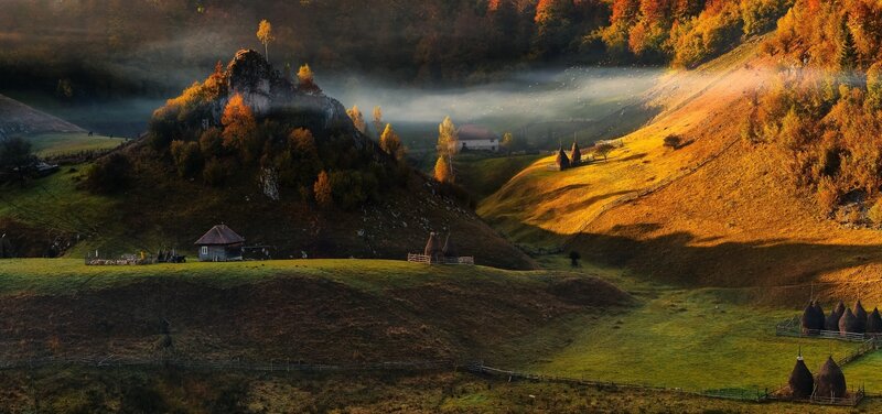 Autumnal Hills with Hay Bales
