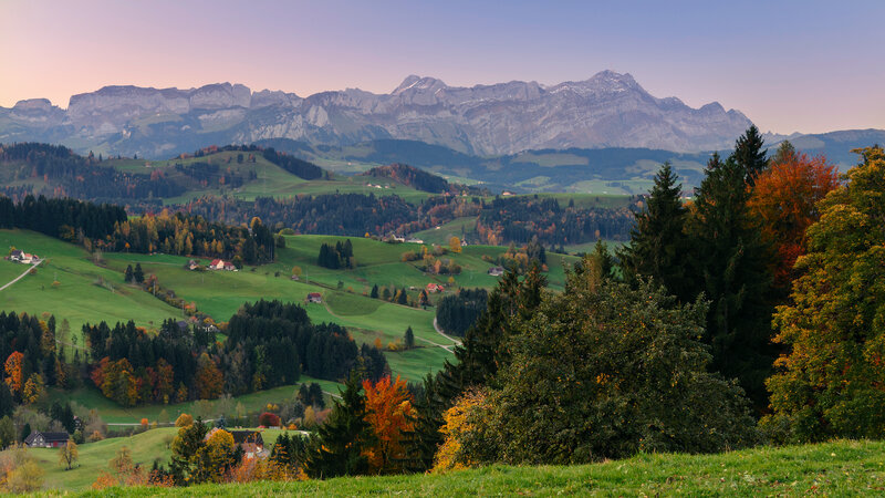 Autumnal Mountain Valley — Green, Serene, Sunset