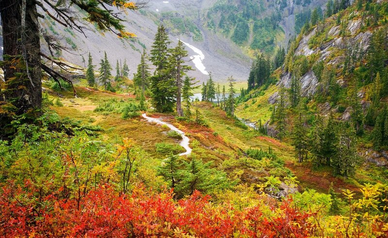Autumnal Mountain Valley — Red, Serene, Autumn, Photograph, Path