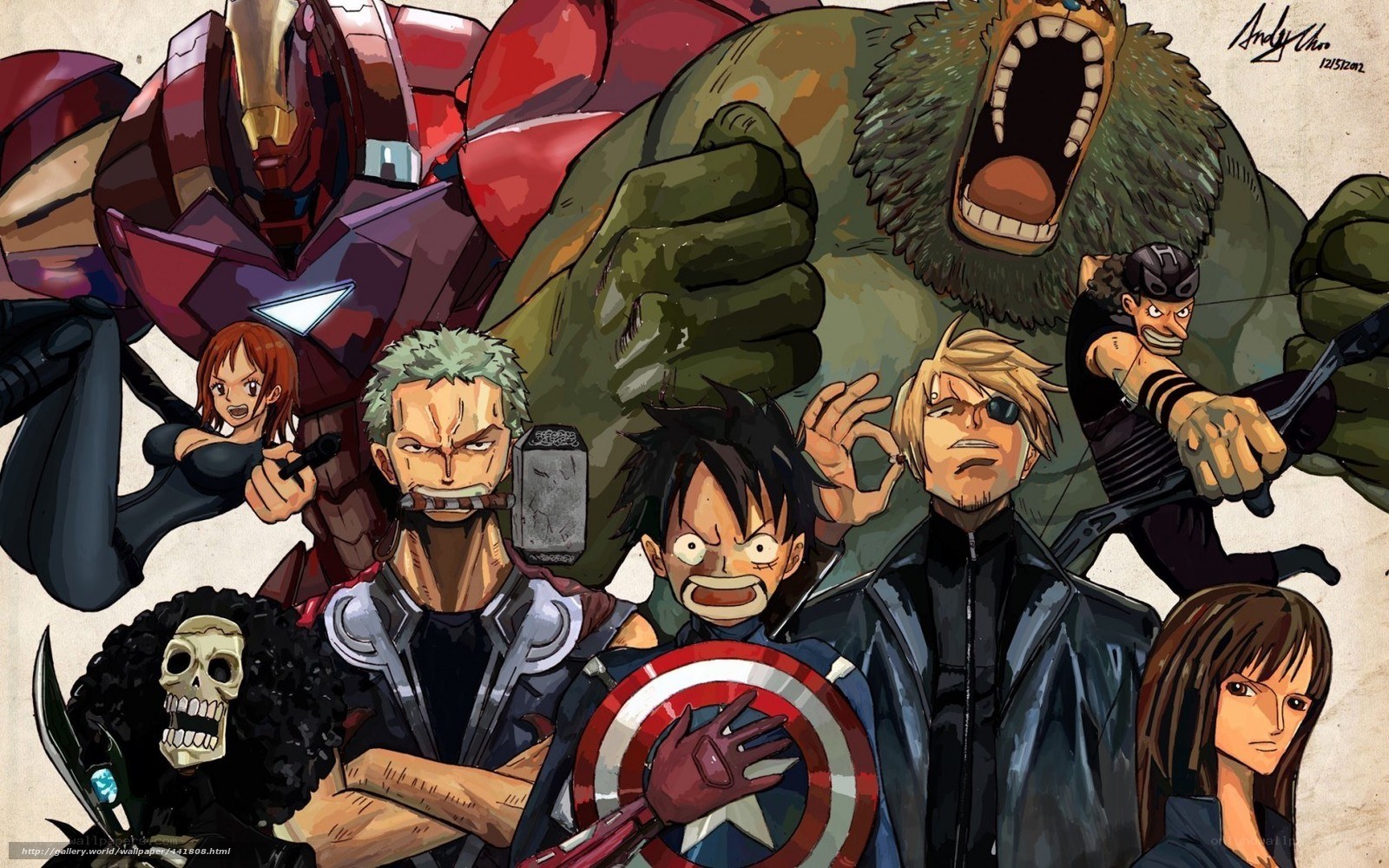 Avengers and One Piece crossover art