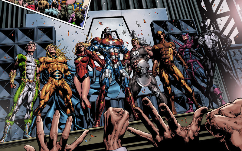 Avengers assemble in comic panel