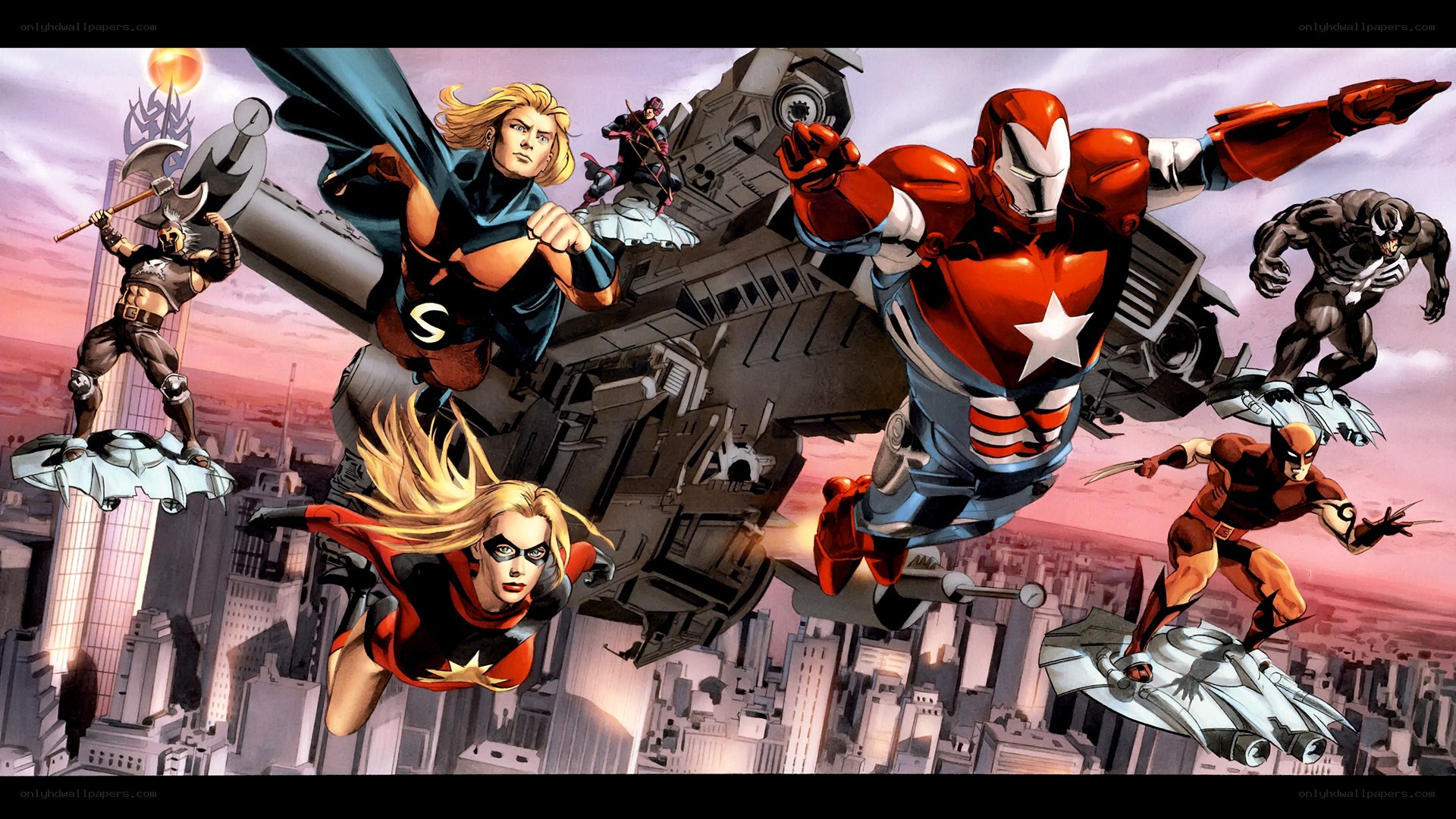 Avengers in action over city
