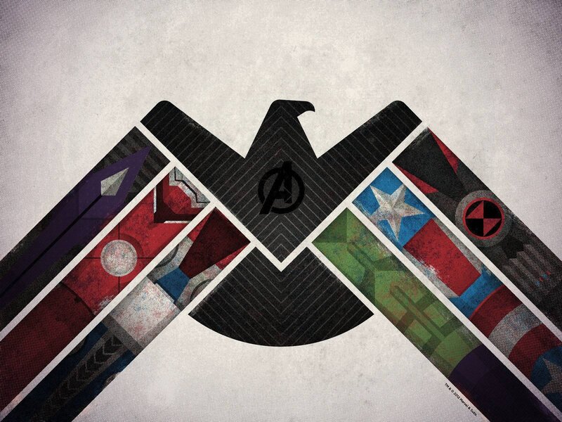 Avengers Logo Collage — Black, Dramatic, Digital Art, Eagle, Shield