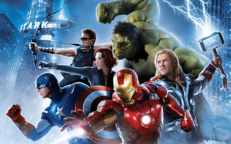 Avengers Team in Action — Blue, Dramatic, Digital Art