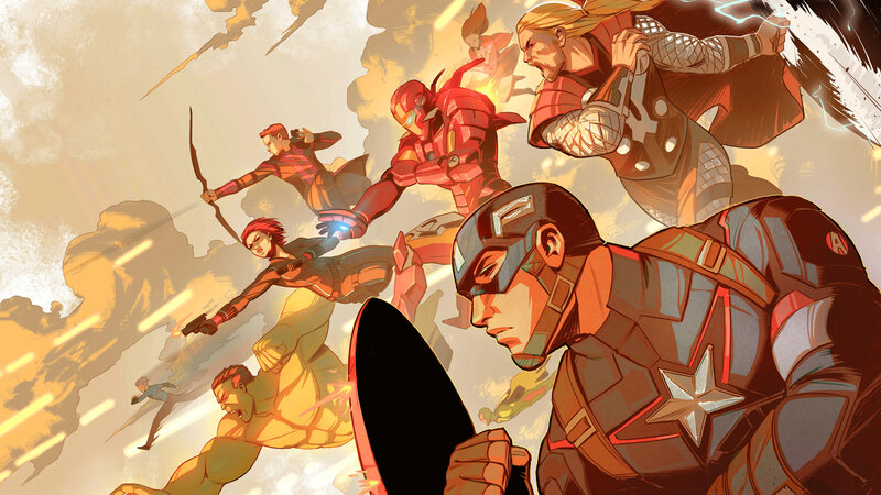 Avengers Team in Action — Red, Dramatic, Comic