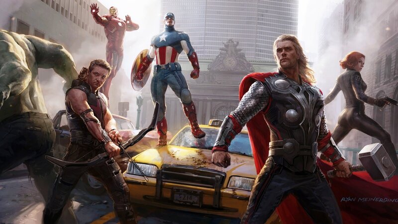 Avengers Team in City — Yellow, Dramatic, Afternoon