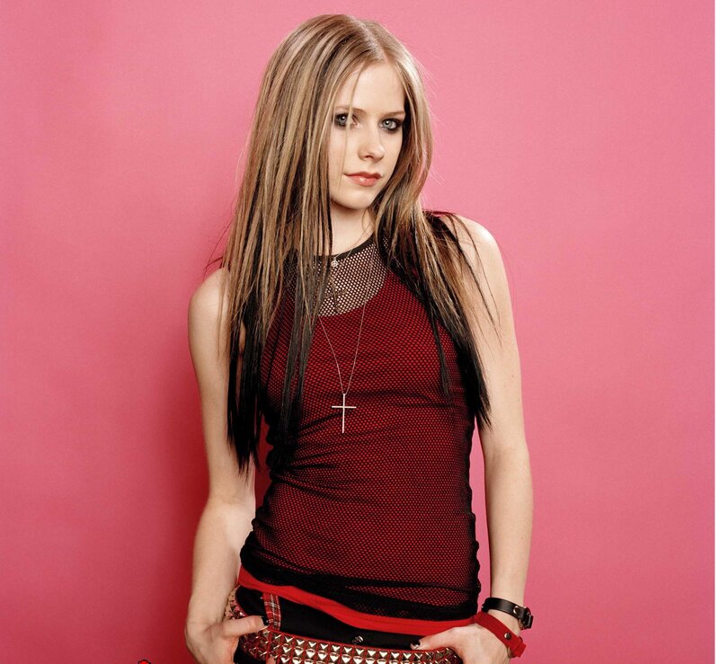 Avril Lavigne in red mesh top