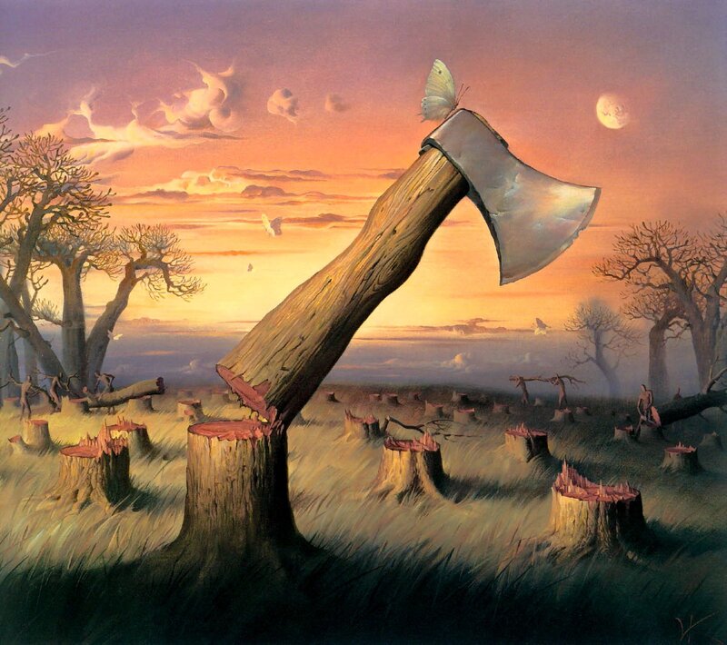 Axe in a deforested landscape