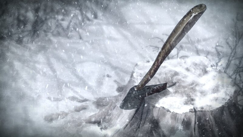Axe in a snowy forest