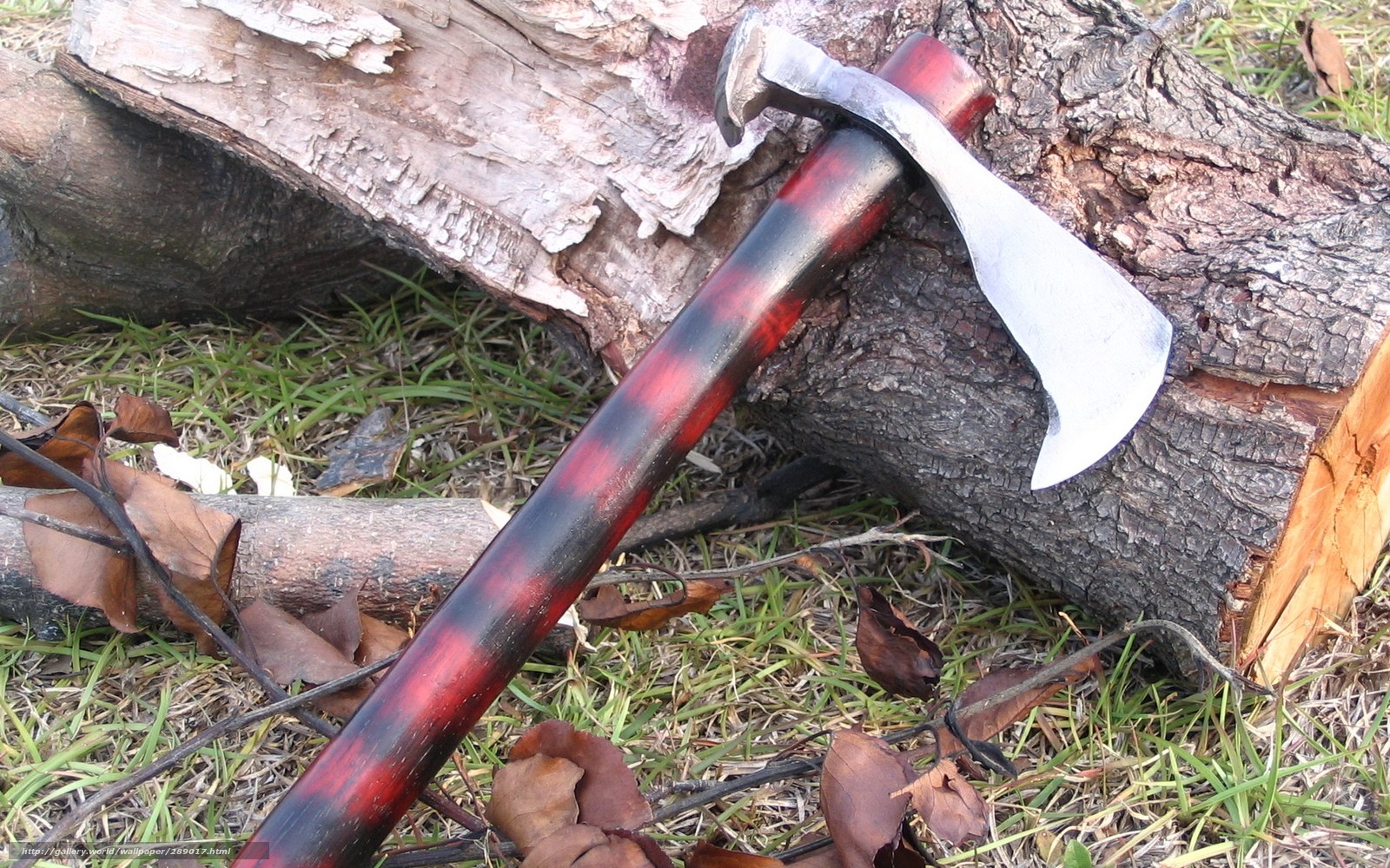 axe on a log outdoors