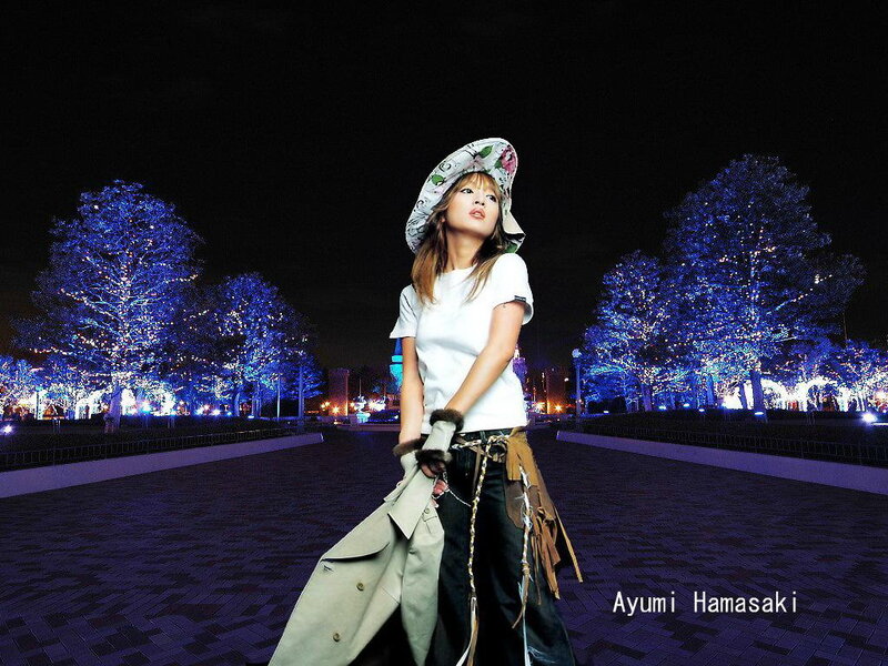 Ayumi Hamasaki at night with lit trees