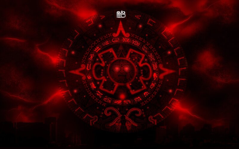 Aztec calendar with red lightning