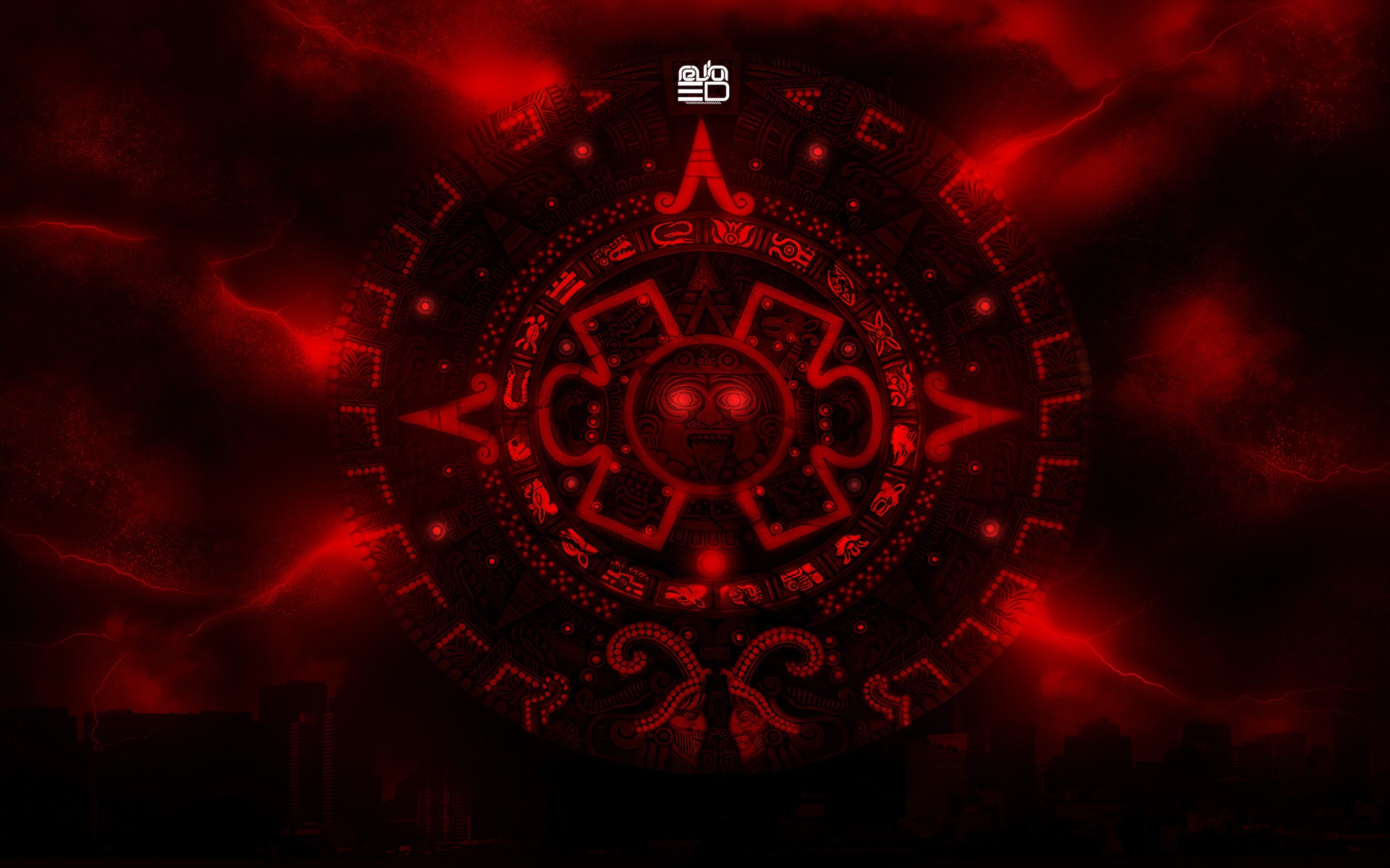 Aztec calendar with red lightning