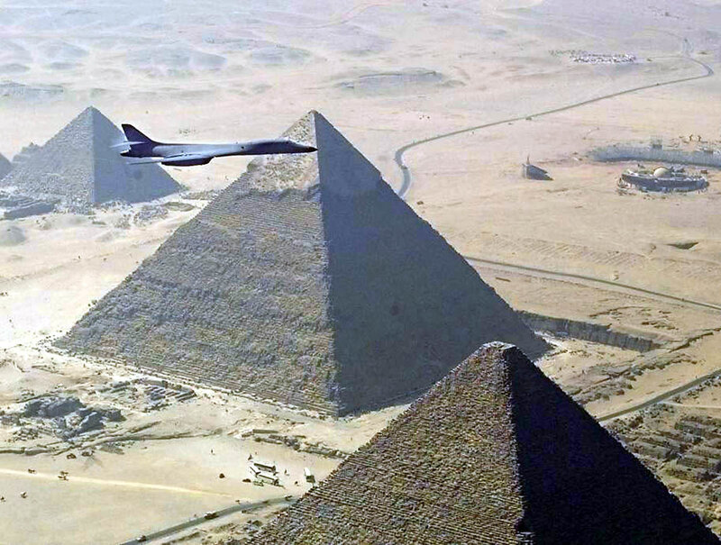 B-1 bomber over pyramids