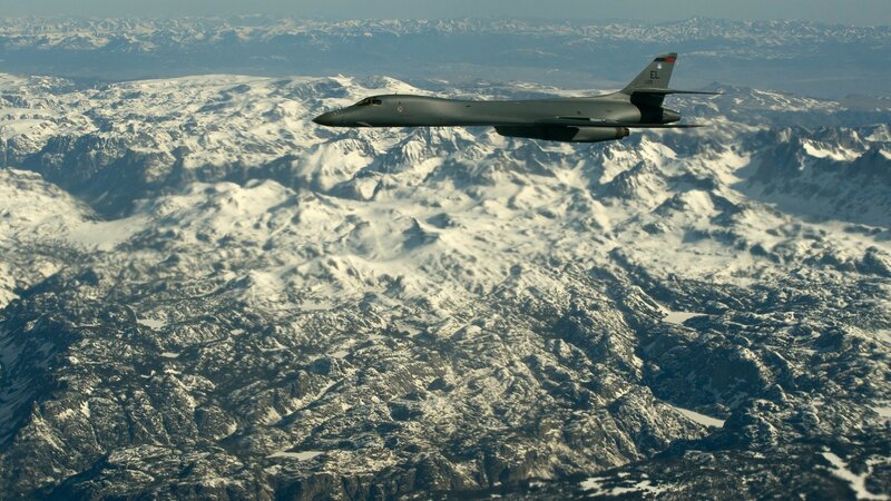 B-1 Lancer Bomber — Gray, Dramatic, Afternoon, Photograph, Aircraft, Mountains