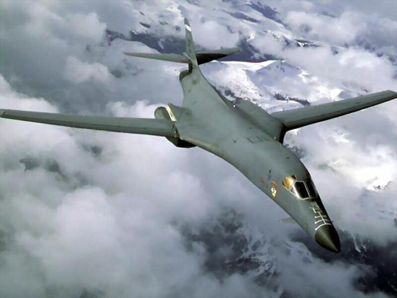 B-1 Lancer Bomber — Gray, Dramatic, Photograph, Aircraft, Clouds, Mountains, White, Black