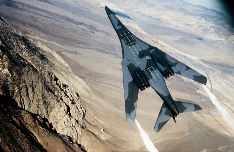 B-1 Lancer Bomber — Gray, Dramatic, Photograph, Aircraft, Mountain