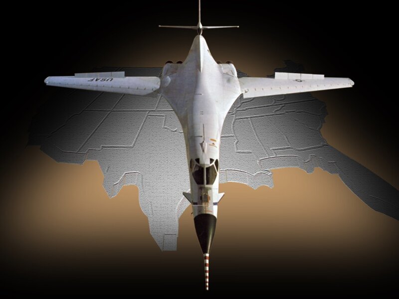 B-1 Lancer bomber over USA map