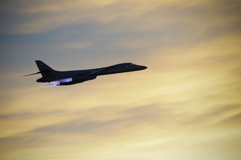 B-1 Lancer Bomber — Yellow, Dramatic, Sunset