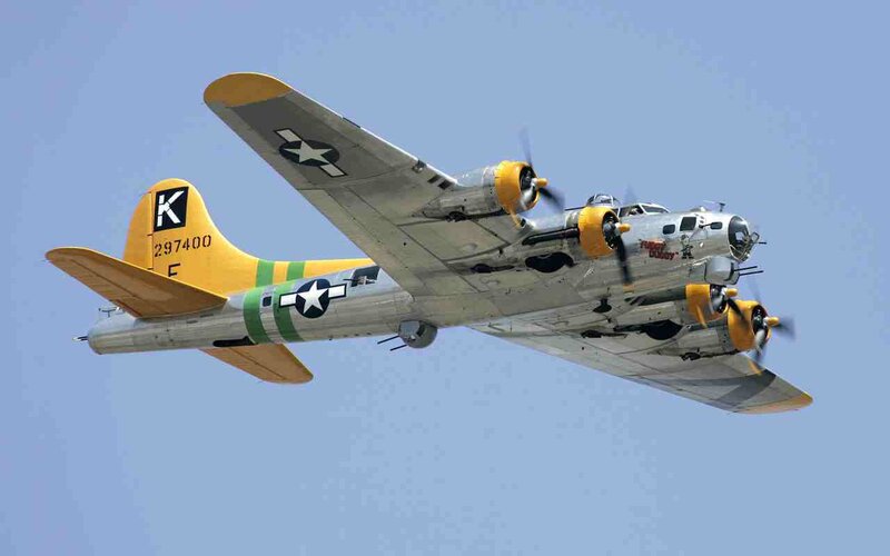 B-17 Bomber Aircraft — Blue, Clear, Afternoon, Photograph, Propellers, Sky, Silver