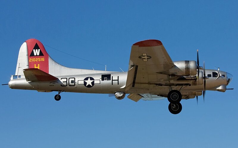 B-17 Bomber Aircraft — Blue, Clear, Afternoon, Photograph, Propellers, Wings