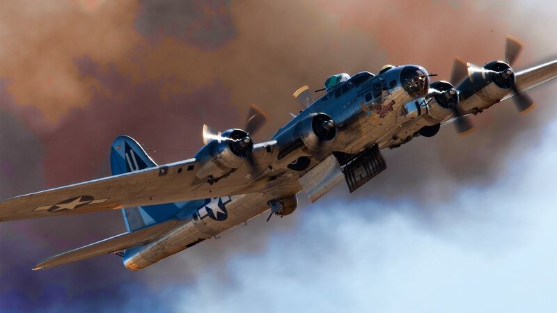 B-17 Bomber Aircraft — Blue, Dramatic, Afternoon, Photograph, Propellers