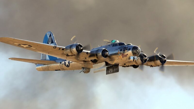 B-17 Bomber Aircraft — Gray, Dramatic, Afternoon, Photograph, Propellers