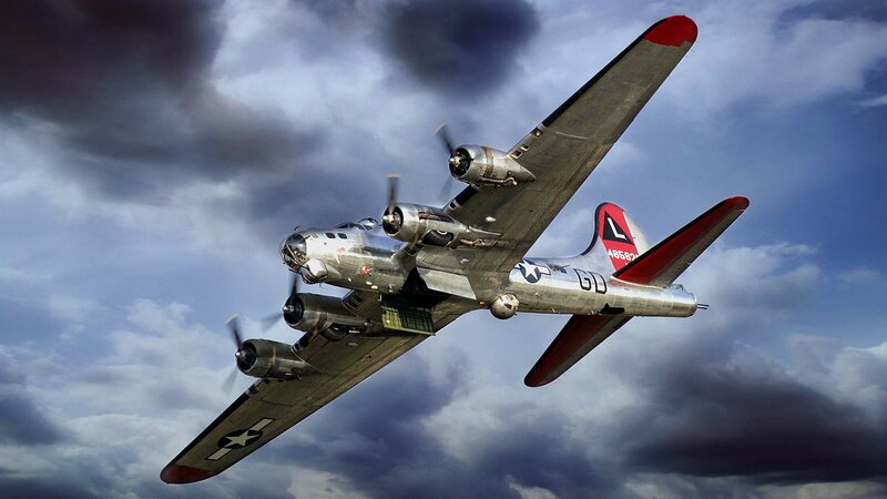 B-17 Bomber Aircraft — Gray, Dramatic, Photograph, Clouds, Sky, Blue
