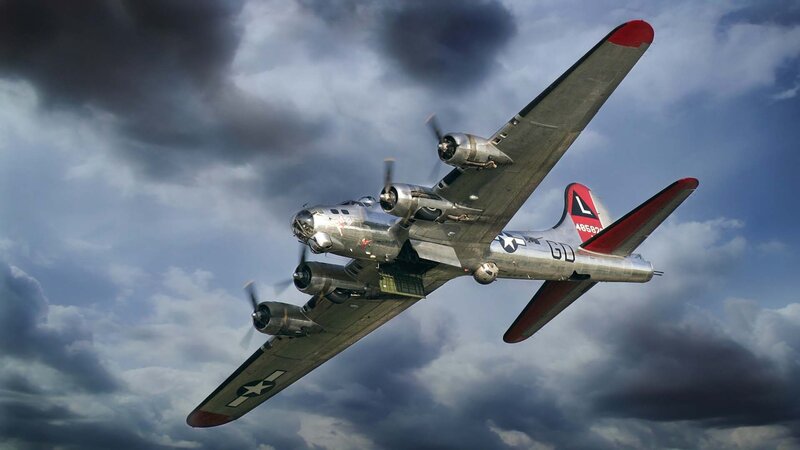 B-17 Bomber Aircraft — Gray, Dramatic, Photograph, Clouds, Sky