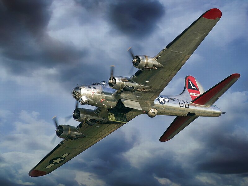 B-17 Bomber Aircraft — Gray, Dramatic, Photograph, Clouds