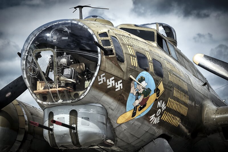 B-17 Bomber Aircraft — Gray, Dramatic, Photograph, Propeller