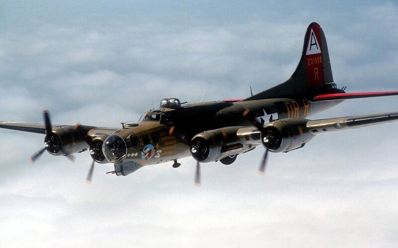 B-17 Bomber Aircraft — Gray, Dramatic, Photograph, Propellers