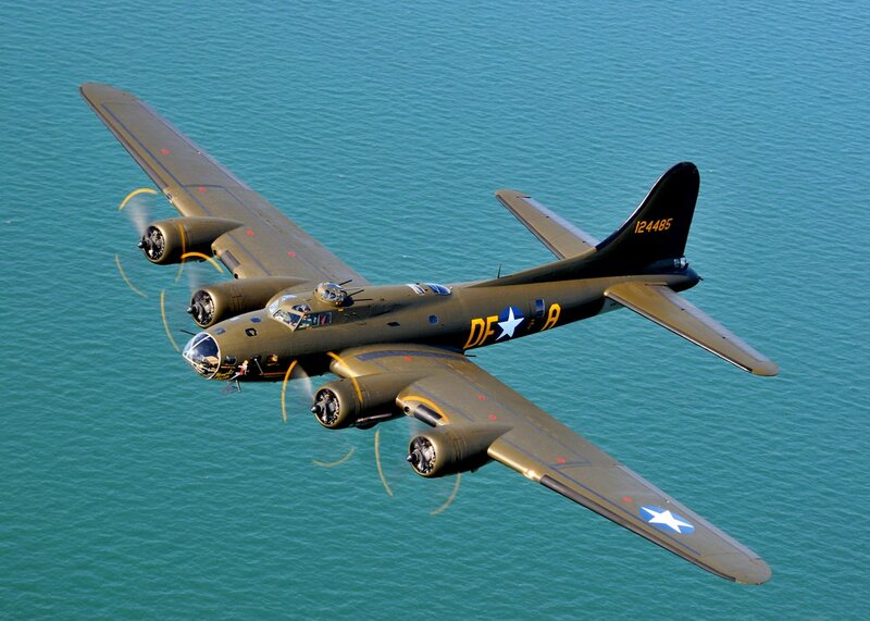 B-17 Bomber Aircraft — Green, Calm, Afternoon, Photograph, Ocean