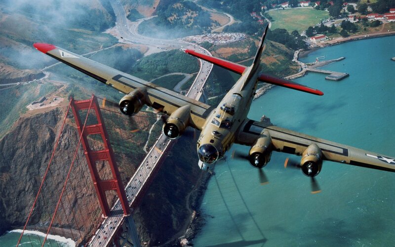 B-17 Bomber Aircraft — Green, Dramatic, Afternoon, Photograph, Golden Gate Bridge, Ocean, Highway, Blue