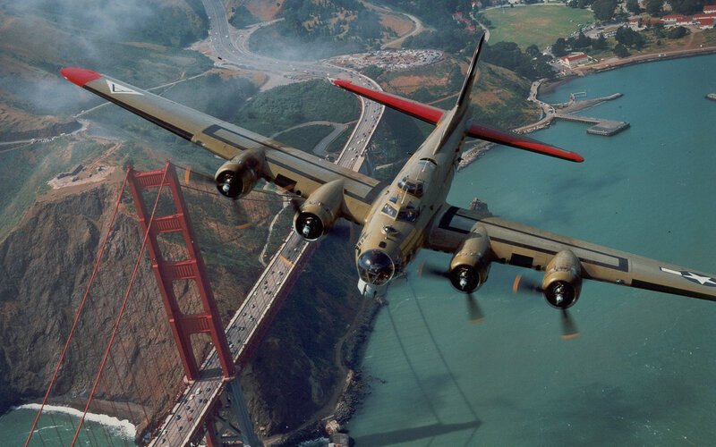 B-17 Bomber Aircraft — Green, Dramatic, Afternoon, Photograph, Golden Gate Bridge