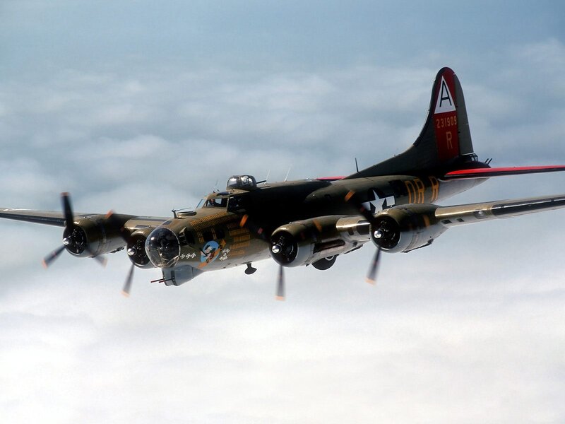 B-17 Bomber Aircraft — Green, Dramatic, Photograph, Propellers