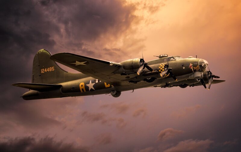 B-17 Bomber Aircraft — Green, Dramatic, Sunset