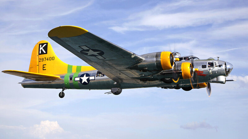 B-17 Bomber Aircraft — Silver, Dynamic, Afternoon, Photograph