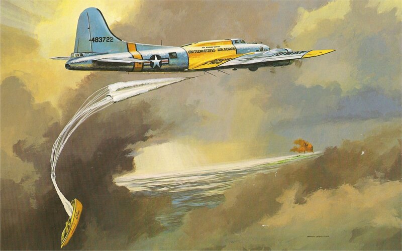 B-17 bomber dropping supplies