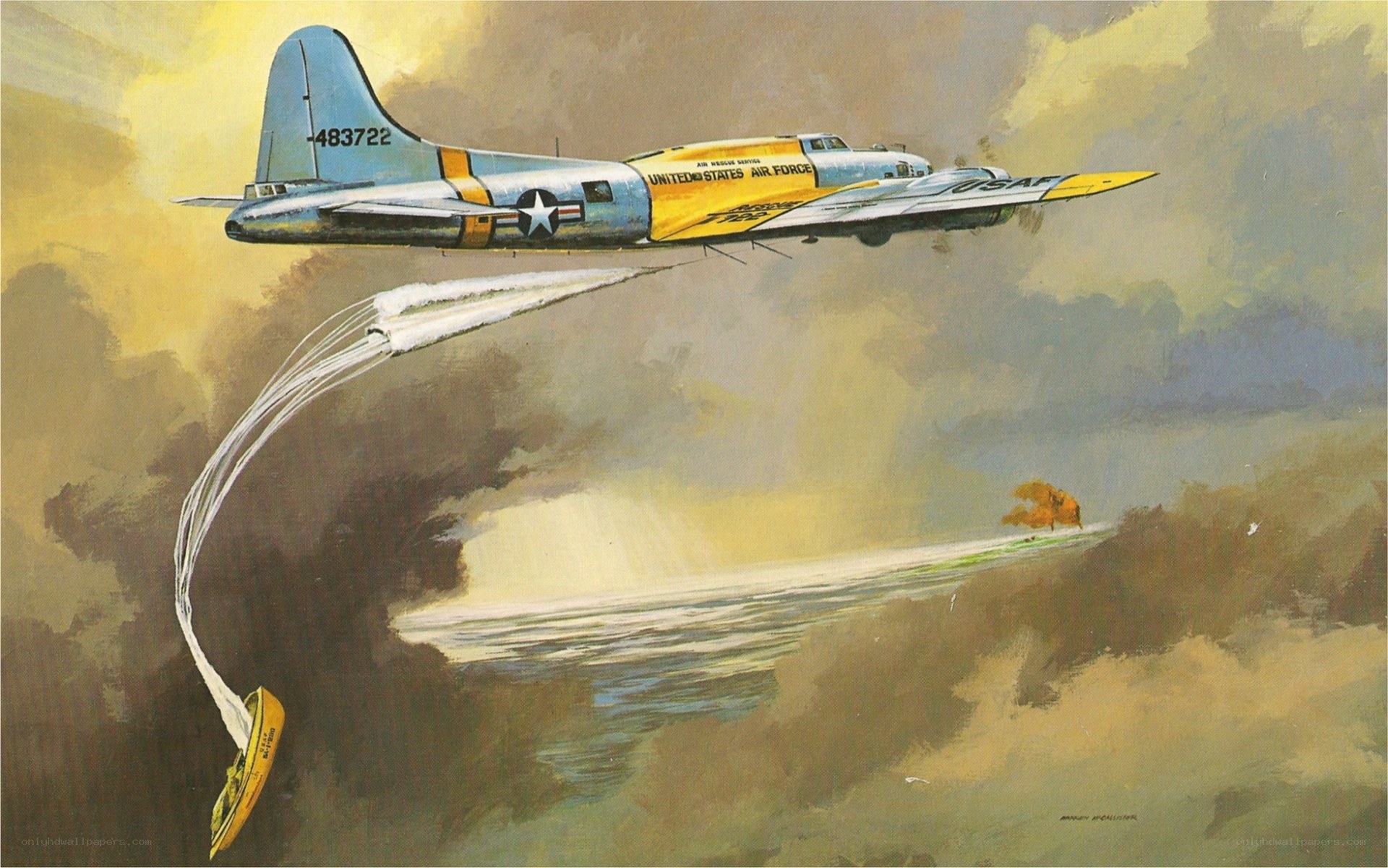 B-17 bomber dropping supplies