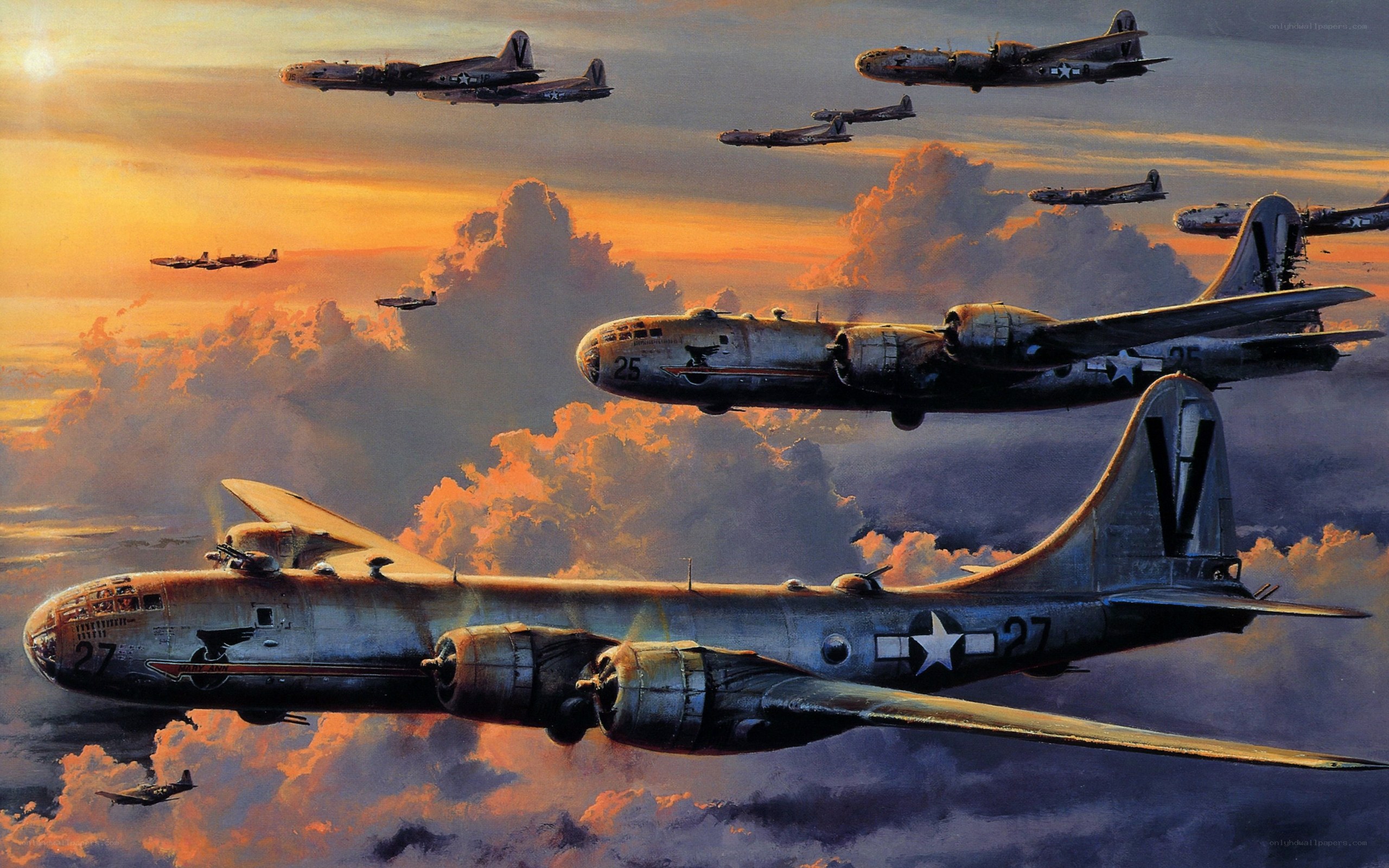 B-17 bomber formation at sunset
