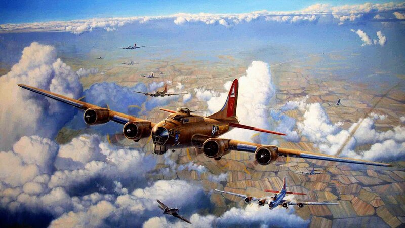 B-17 Bomber Formation — Blue, Dramatic, Afternoon, Painting, Aircraft, Clouds